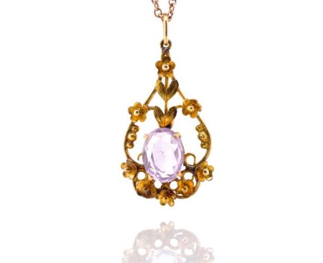 Art Nouveau 9ct yellow gold and amethyst pendant marked 9c to pendant. Approx weight 4.7 grams, chain length 40cm. With a bas