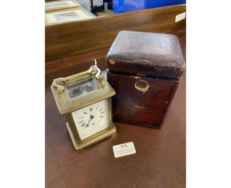 Continental Period Brass Carriage Clock with Enameled Face and Original Leather Case (some faults) 