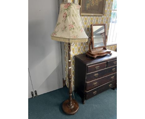 Edwardian Turned Oak Standard Lamp with Floral Shade 