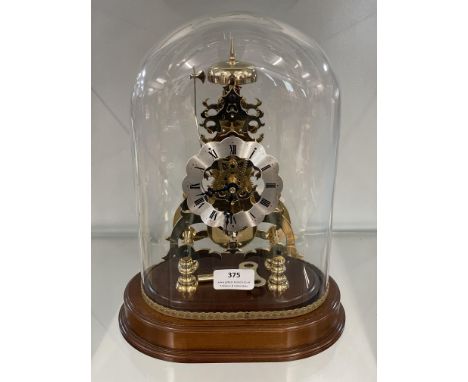 Comitti of London Skeleton Clock with Glass Dome and Mahogany Base - works with Key, Crack in Glass Dome
