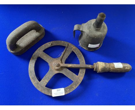 Vintage Measuring Wheel, Engineers Lamp, and an Iron 