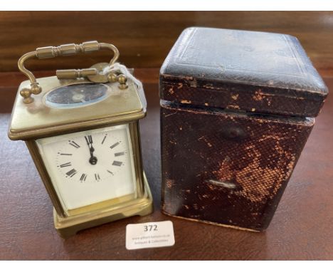 Continental Period Brass Carriage Clock with Enameled Face and Original Leather Case (some faults) 