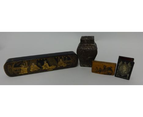 A Chinese lacquered and gilt decorated pencil box, 20cm long, Chinese metal tea caddy with embossed bird decoration, Victoria
