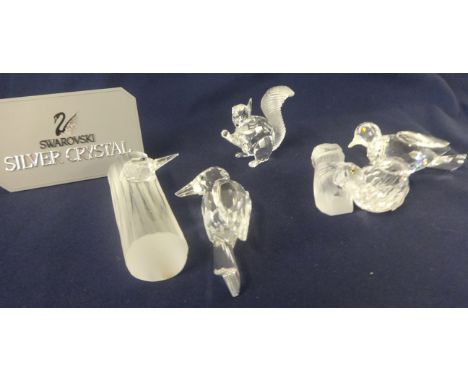 Swarovski Crystal Glass, Squirrel, turtle doves with branch and woodpecker on tree trunk (broken items).