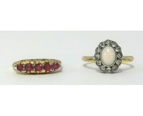 Opal and diamond cluster 9ct and a five stone ruby ring 9ct (2).