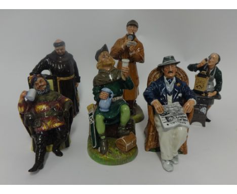 A collection of six Royal Doulton Figurines which include, The Detective HN2359, The Jovial Monk HN2144, Robin Hood HN 2773, 