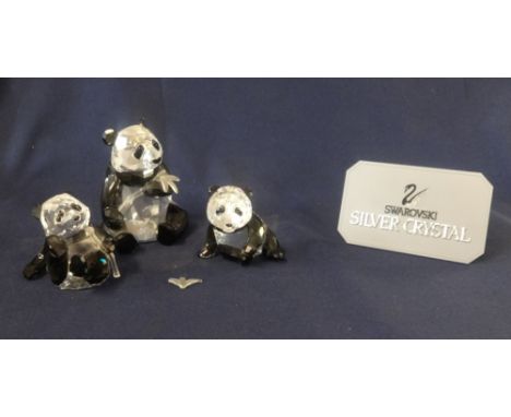 Swarovski Crystal Glass, SCS Edition 'Endangered Species', collection of three pandas, (damage to small panda bamboo stick), 