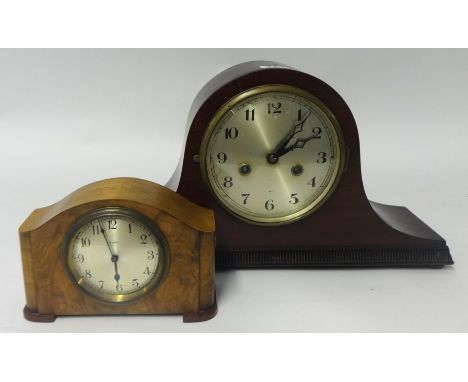 small walnut cased eight day clock also a 'Napolian' hat style mohogany cased clock (2)