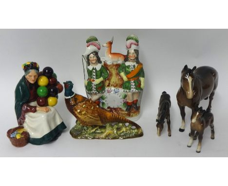 Staffordshire flat back figure, Doulton figurine 'The Old Balloon Seller' HN1315, Beswick race horse and other ornaments