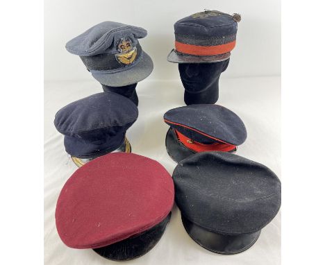 6 assorted vintage military style peaked hats to include RAF hat with Officers bullion badge, black &amp; red felt hat with l