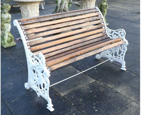 A Victorian Cast Iron and Later Painted Garden Bench, late 19th century, with fourteen teak/hardwood slats supported by acant