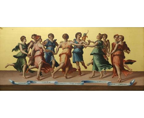 After Giulio Romano (c.1499-1546) Italian"The Dance of Apollo and The Muses"Oil on panel with gilding, 35.5cm by 79cmWe would