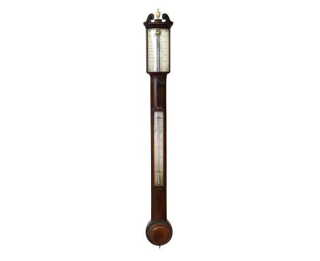 A Mahogany Bow Fronted Stick Barometer, signed J.Crawley, London, circa 1800, swan neck pediment, concealed mercury tube with