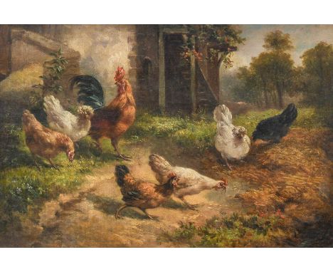Attributed to Louis Marie Lemaire (1824-1910) French Cockerels and chickens in a farmyardSigned, oil on panel, together with 