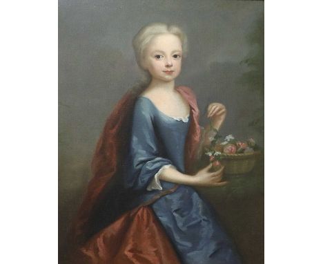 British School (18th Century)  Portrait of a young girl, three quarter length standing, with a basket of flowers Oil on canva