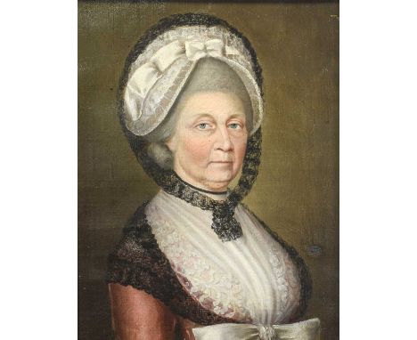 British School (18th/19th century) Portrait of a lady, half length, wearing a white bonnet tied with black lace and a matchin