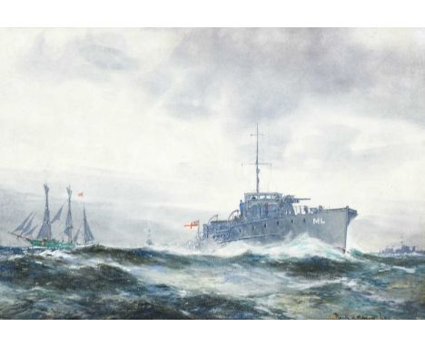 Frank Henry Mason RBA, RI, RSMA (1875-1965)Seascape with warship in rough seas Signed and dated (19)17, watercolour heightene