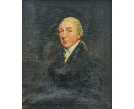 ~ M* Boynes (early 19th century) Portrait of a gentleman, half length seated, wearing a white cravat and black overcoat  Sign