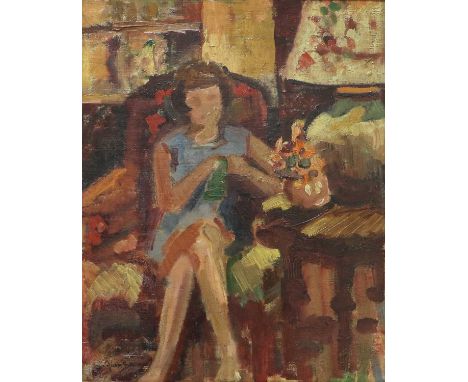 Owen Bowen ROI, PRCamA (1873-1967)Lady seated in an armchairSigned, oil on panel, 40cm by 31.5cmSome fairly slight general bu