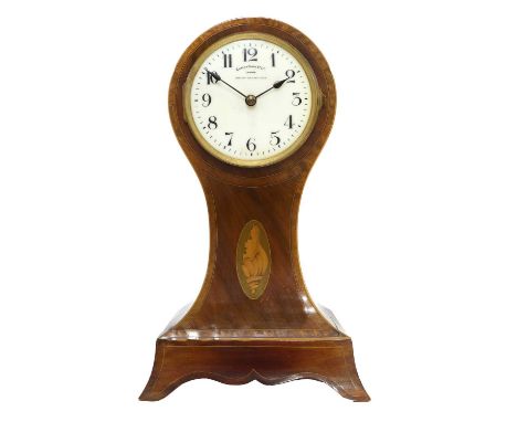 A Mahogany Inlaid Balloon Shaped 1000 Day Electric Mantel Clock, signed Eureka Clock Co Ltd, London, circa 1906, case with sh