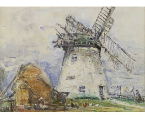 Rowland Henry Hill (1873-1952)Windmill (Ugthorpe Mill?)Signed and dated 1927, mixed media, 25cm by 33cmGlazed. Slight cockle 