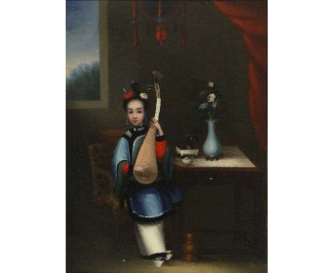 Chinese School (19th/20th Century)Young lady in an interior playing a stringed instrumentYoung lady in an interior reading a 