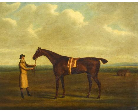 Follower of Harry Hall (c.1814-1882)Horse and groom standing in an extensive landscapeOil on canvas, 40cm by 50.5cmFairly sti