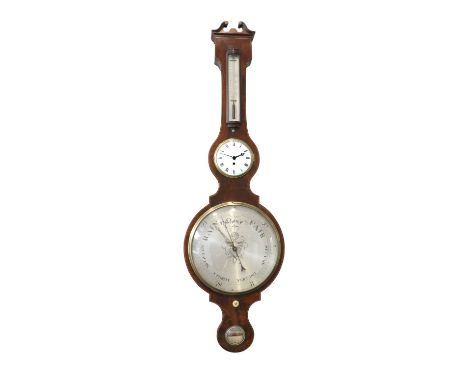 A Mahogany 12-Inch Dial Wheel Barometer with Combined Timepiece, signed Somalvico, Brook St, Holborn, circa 1810, swan neck p