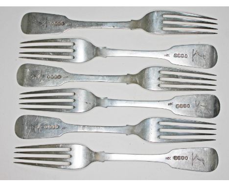 A set of six William IV Irish silver forks, R W Smith, Dublin 1834, length 22cm, wt. 13 1/2oz.  