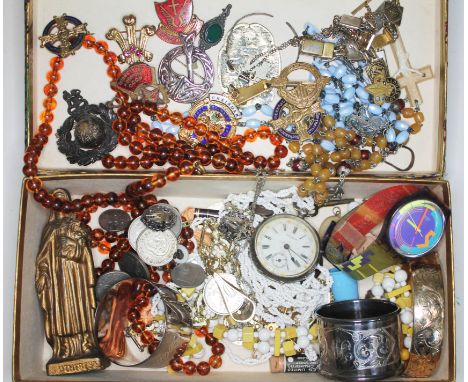 A mixed lot comprising two hallmarked silver serviette rings, a Swatch watch, a ladies silver pocket watch, various Irish bad