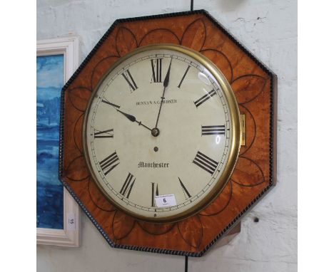 A 19th century bird's eye maple octagonal wall clock, the 12" dial painted with Roman Numerals and signed Bunyan &amp; Gardin