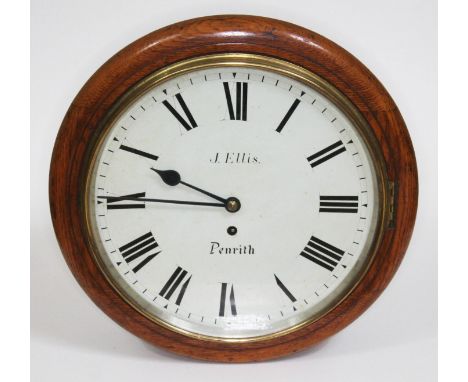 An oak cased wall clock, the 12" dial signed J Ellis Penrith, four pillar chain driven single fusee movement, total diam. 37c