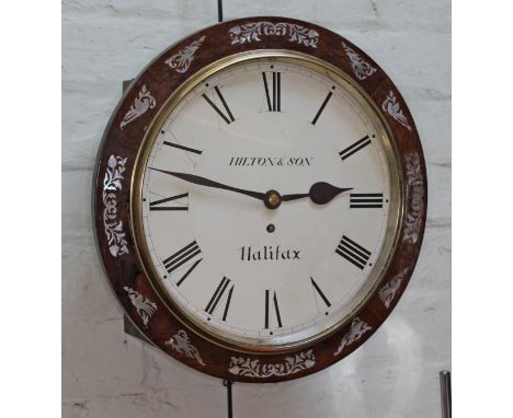 An early 19th century mother of pearl inlaid rosewood wall clock, the 12" dial painted with Roman Numerals and signed Hilton 