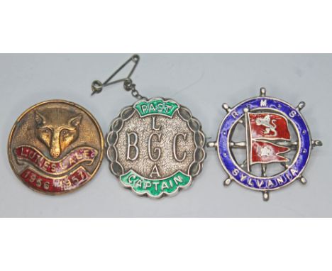 A Lunesdale 1956-1957 enamel hunting badge, together with two hallmarked silver badges: Boys &amp; Girls Club PAst Captain an