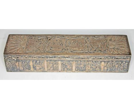 A Dutch export silver box embossed all over with figures, import marks: sponsor Samuel Boyce, Sheffield 1894, length 18.5cm, 