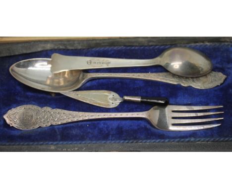 A mixed lot of hallmarked silver comprising a cased christening spoon and fork, another spoon and a trowel book mark.  