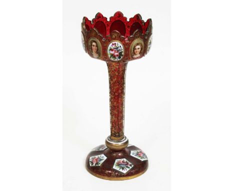 A 19th century Bohemian ruby glass drop lustre vase, panelled with miniature portraits depicting ladies and floral sprays, on