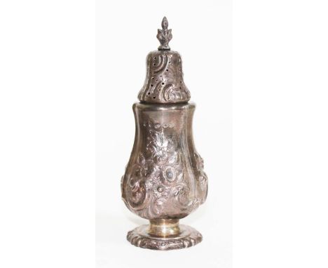 A Victorian embossed and chased silver sugar sifter gilt interior, pedestal foot, sponsor's mark indistinct, Birmingham 1847,