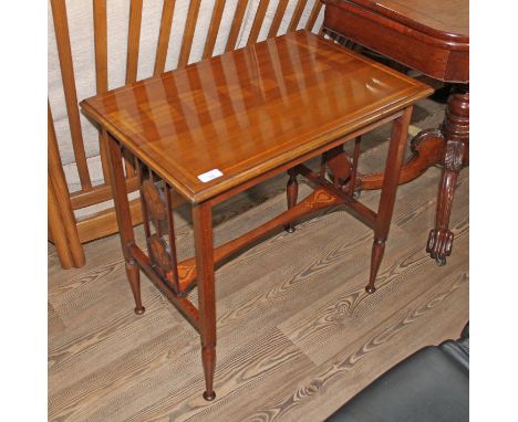 An Edwardian mahogany occasional table with Art Nouveau style inlay, width 63cm, depth 42cm & height 65cm.Some general wear t