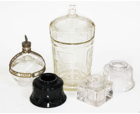 Assorted 19th century and later glass comprising two Chinese Gordon pressed glass inkwells, another inkwell, a Forbidden Frui