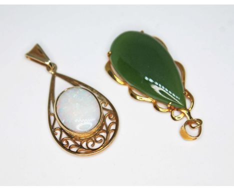 Two pendants, one hallmarked 9ct gold set with a precious opal wt. 2.36g and the other marked '18K' and set with a pear shape