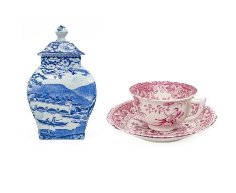 A Davenport pearlware child's cup and saucer. Circa 1830, printed in pink, printed mark, together with a pearlware caddy and 