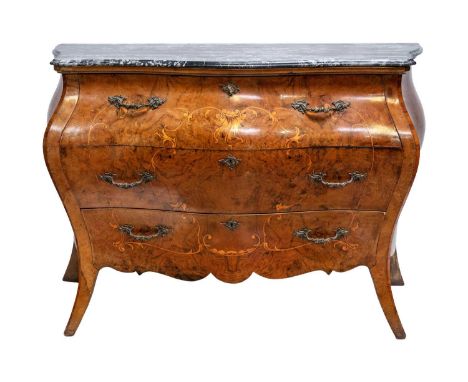 A French Louis XV style figured walnut and inlaid bombe fronted commode. Circa 1900, with a white veined black marble top abo