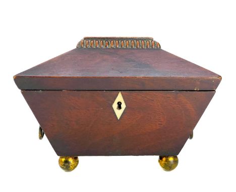 A George III mahogany sarcophagus tea caddy.  With twin brass cornicopia handles on brass ball feet. Height 14cm width 20.5cm