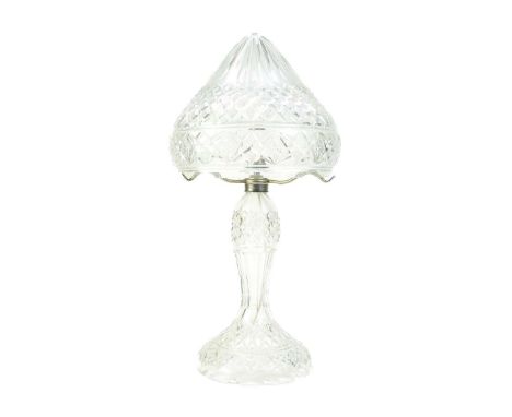 A cut glass table lamp and shade   Height 53cm.Crack in base.