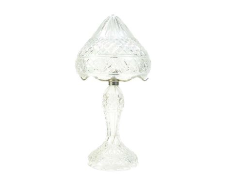 A cut glass table lamp and shade   Height 53cm.Crack in base.