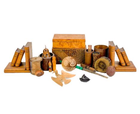 An assortment of treen. To include a Jerusalem olive wood plaque inscribed with Hebrew script, width 8cm, printing blocks, a 
