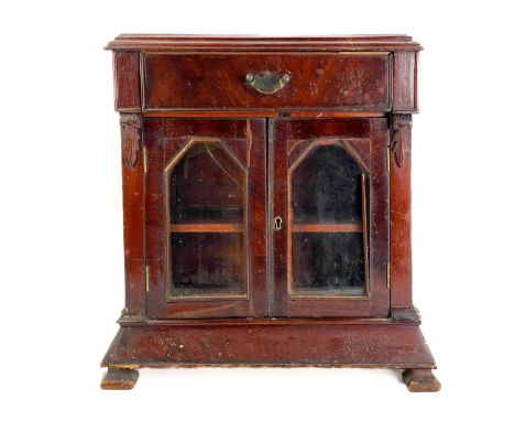 A late Victorian mahogany chiffonier apprentice piece. With single long drawer over twin glazed doors enclosing a fixed shelf