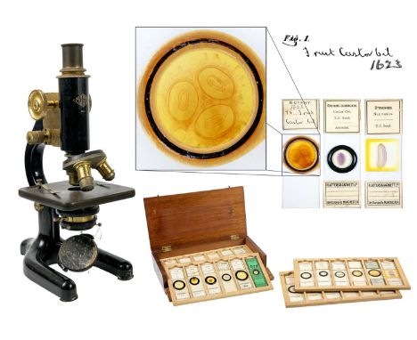 A J R Prior & Co black lacquered and brass microscope, numbered 4932 With various lenses and spare lenses. Contained in a mah