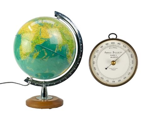 A Short & Mason Mark 2 Ministry aneroid barometer. Diameter 13.5cm, together with an Italian globe lamp, on a teak base, heig